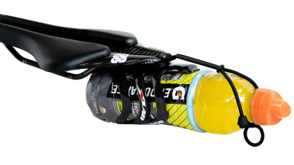 Wove V8 saddle with a bottle cage mounted behind the saddle, angled view