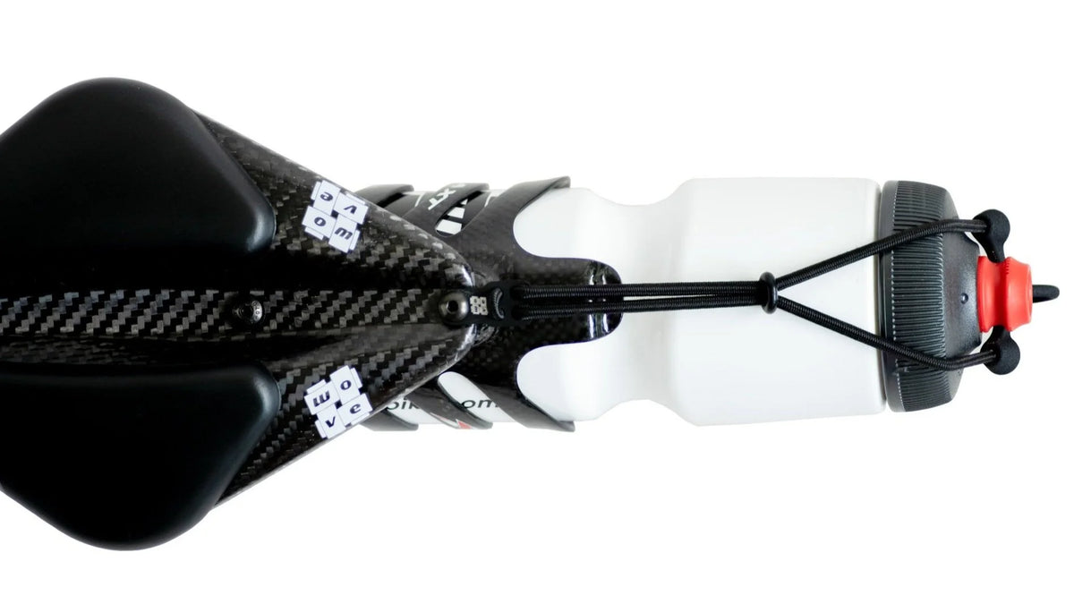 Wove V8 saddle with a bottle cage mounted behind the saddle, from above